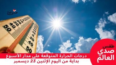 درجات الحرارة المتوقعة علي مدار الأسبوع بداية من اليوم الإثنين 23 ديسمبر
